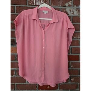 LOFT Women's Pink / Coral Short Sleeve Button-Up Blouse Sz L Classic Work Casual